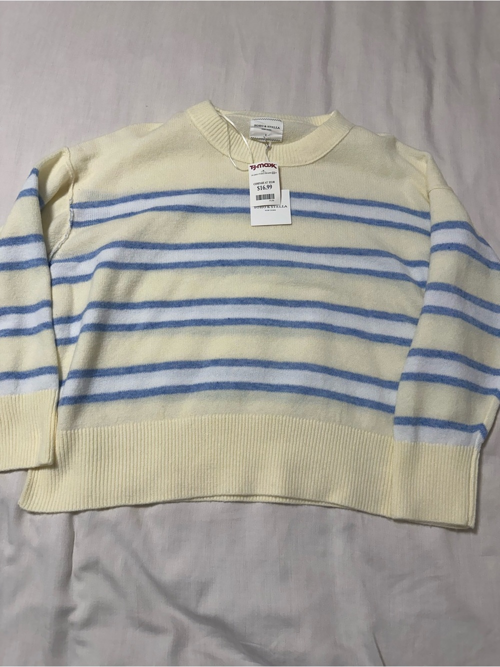 Soho & Stella Crewneck Stripe Sweater - Pale Yellow & Light Blue NWT